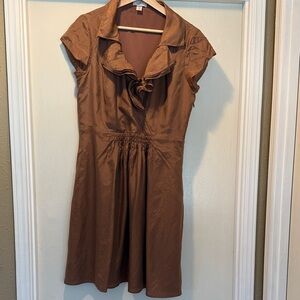 LOFT Brown Ruffle-Front Cap Sleeve 100% Silk Mini Dress
